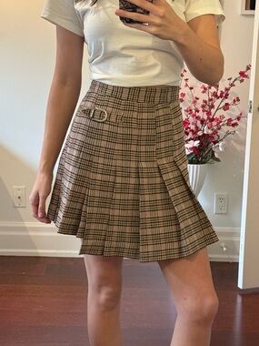 Maje Wool Blend Tan Plaid Pleated Mini Skirt with Buckle